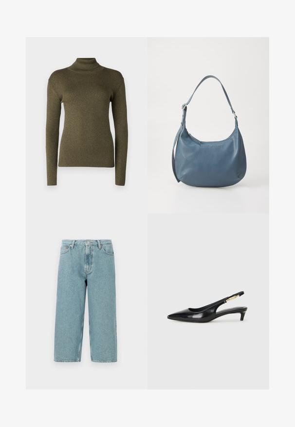 Olivno zeleni pulover s turtleneck ovratnikom, izdelan iz rebraste pletenine, ki ima dolge rokave in prilega se telesu z rahlim sijajem.; Svijetloplavi traper šortsevi s visokim strukom, ravnog kroja i neuređenim rubovima. Imaju klasično zatvaranje na dugme i patentni zatvarač, te četiri džepa.; Črne usnjene sandale na peto z ostro konico, ki imajo tanko peto in zlat ton na nastavljivem traku. Gladka tekstura.; Modra usnjena torbica z zaobljeno obliko, enim naramnim ročajem, zadrgo in vtisnjenim imenom blagovne znamke na sprednji strani. Gladka tekstura.