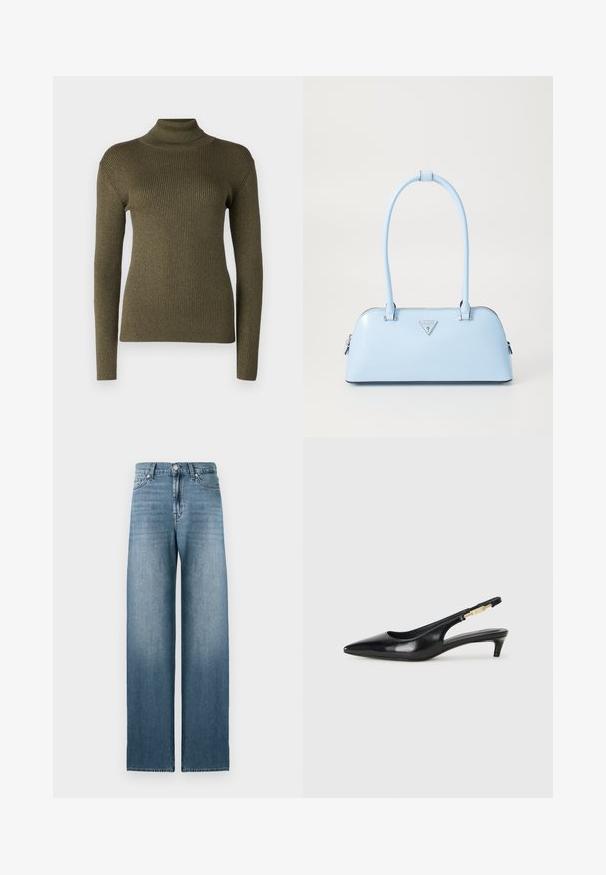 Olive green turtleneck sweater made of ribbed knit fabric, featuring long sleeves and a fitted silhouette with subtle sheen.; Light blue wide-leg jeans made from denim, featuring a high waist, five-pocket design, and subtle fading along the legs.; Black leather slingback heels with a pointed toe, featuring a slim heel and a gold-tone accent on the adjustable strap. Smooth texture.; Light blue handbag with a structured shape, smooth leather material, two handles, and a triangular brand logo on the front. Zippered closure.