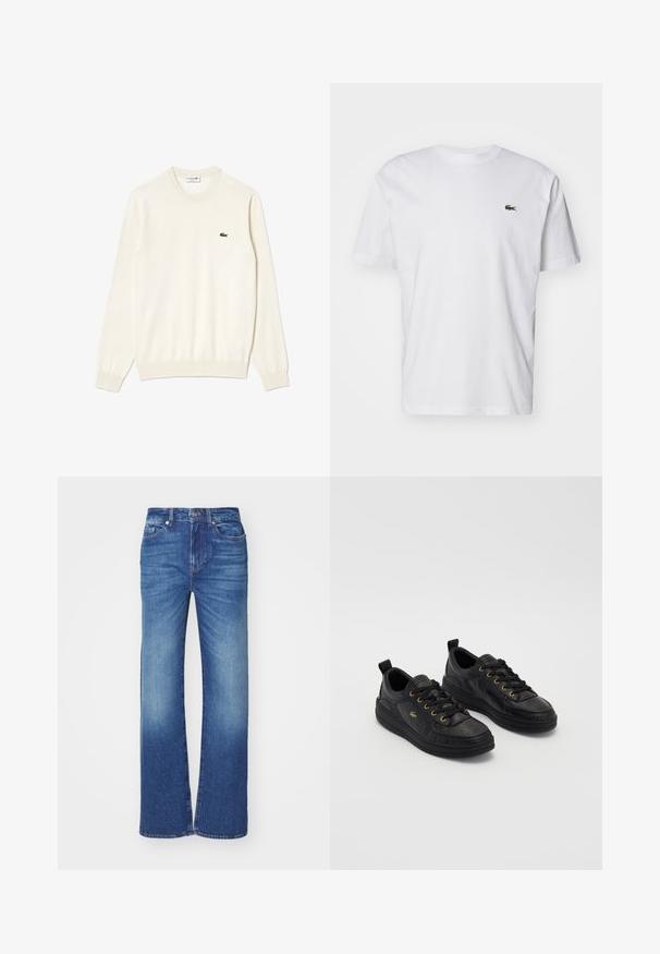 Maglione color crema a girocollo, con polsini e orlo a costine, caratterizzato da un piccolo logo di coccodrillo ricamato in verde sul petto. Texture morbida.; T-shirt bianca in cotone con colletto a girocollo, maniche corte e un piccolo logo ricamato verde sul petto. Design classico a vestibilità diritta.; Jeans in denim blu con design a gamba dritta, caratterizzati da un lavaggio sbiadito, cinque tasche e chiusura con bottone e zip in vita.; Sneakers in pelle nera con occhielli e lacci dorati, superficie texture, punta rotonda e suola nera spessa. Design semplice e moderno con linguetta posteriore.