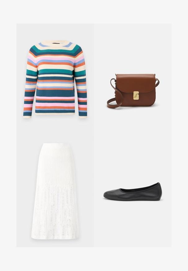 Katoenen sweater met een ronde hals, voorzien van horizontale strepen in teal, roze, oranje, crème en blauw. Geweven textuur met ribgebreide boorden.; Gehaakte witte midi rok met een textuurpatroon met verticale lijnen en uitsparingen nabij de zoom. Elastische tailleband. Zacht materiaal.; Zwarte leren ballerina met een ronde neus, gladde textuur, minimale stikdetails en een flexibele zoolontwerp.; Bruine leren handtas met een klep sluiting, gouden hardware, een schouderband en een gladde textuur. Compact rechthoekige vorm.