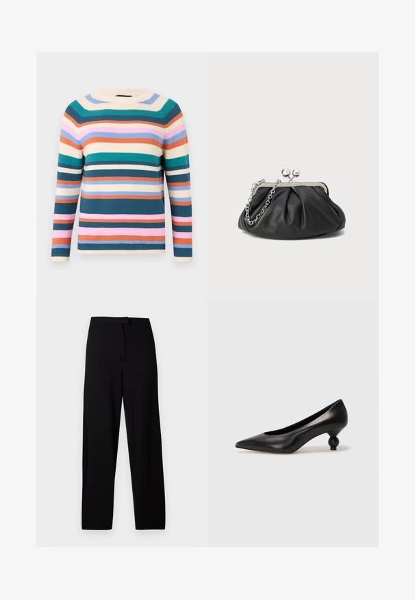 Cotton sweater with a crew neck, featuring horizontal stripes in teal, pink, orange, cream, and blue. Textured knit with ribbed cuffs.; Black wide-leg trousers made of soft, stretchy fabric. Features a smooth waistband and no visible seams or pockets. Simple and versatile design.; Black leather high heel shoe with a pointed toe and a round, balled heel. Smooth texture with a sleek, minimal design.; Black leather clutch with gathered texture, silver-tone metal frame, kiss-lock closure, and chain strap. Smooth, soft surface.