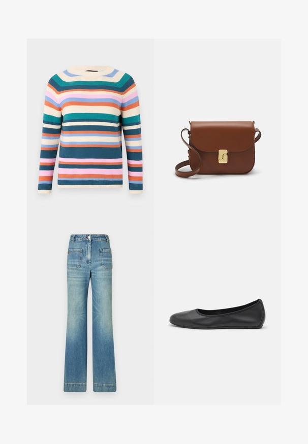 Kokvilnas džemperis ar apaļo kaklu, ar horizontālām svītrām tirkīza, rozā, apelsīnu, krēmkrāsā un zilā tonī. Strukturēts adījums ar ribām pie aprocēm.; Gaiši zili džinsi ar platām kājām, piecām kabatām, jostām, pogas aizdari un viegli nolietotu tekstūru, ar sarkanu logotipu uz aizmugures.; Melna ādas baleta kurpe ar noapaļotu purngalu, gludu tekstūru, minimālu šuvju detalizāciju un elastīgu zoles dizainu.; Bordo ādas rokas soma ar atloku, zeltītām detaļām, plecu siksnu un gludu virsmu. Kompakta, taisnstūrveida forma.