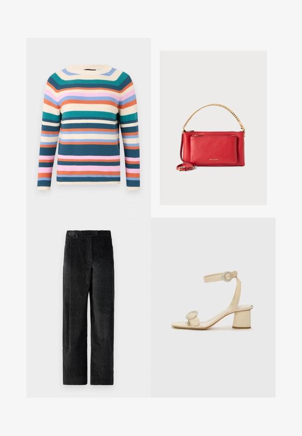 Cotton sweater with a crew neck, featuring horizontal stripes in teal, pink, orange, cream, and blue. Textured knit with ribbed cuffs.; Black, textured wide-leg trousers with a pronounced weave, featuring front pleats and a flat waistband. Classic design for versatility.; Beige high-heeled sandals with a minimalist design, featuring two circular accents and a chunky heel. Made from smooth leather.; Red leather handbag with a textured finish, gold chain and strap, front zipper pocket, and embossed logo. Compact and structured design.
