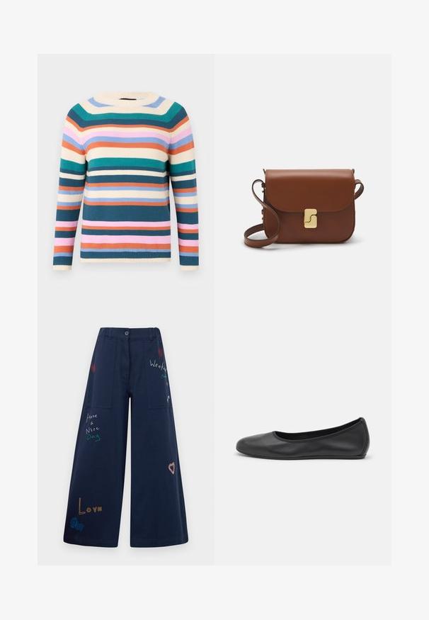 Bawełnowy sweter z okrągłym dekoltem, z poziomymi paskami w kolorach turkusowym, różowym, pomarańczowym, kremowym i niebieskim. Wzorzysty splot z prążkowanymi mankietami.; Granatowe spodnie z szerokimi nogawkami wykonane z bawełny, z licznymi kieszeniami. Ozdobione kolorowymi haftowanymi napisami i grafikami, w tym sercami i zabawnymi hasłami.; Czarne skórzane baletki z zaokrąglonym noskiem, gładką fakturą, minimalnymi przeszyciami i elastycznym designem podeszwy.; Brązowa skórzana torebka na ramię z klapką, złotymi detalami, paskiem na ramię i gładką teksturą. Kompaktowy prostokątny kształt.