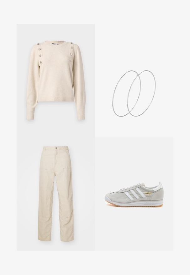 Světle béžový svetr vyrobený z měkké látky, s kulatým výstřihem, dlouhými rukávy a dekorativními kovovými knoflíky podél ramenního švu.; Béžové lněné kalhoty s volným střihem, s bočními kapsami a ozdobným prošíváním, bezešvým pasem a rovnými nohavicemi.; Světlé šedé tenisky vyrobené z semiše a síťoviny, se třemi bílými pruhy, kulatou špičkou a gumovou podrážkou. Zlatý logo akcent u šněrování.; Stříbrné kruhové náušnice s minimalistickým designem. Kruh, hladký povrch a tenký profil. Lehká konstrukce s lesklým povrchem.