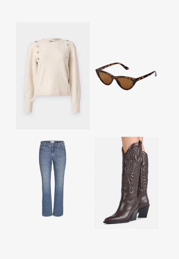 Beige neule, joka on valmistettu pehmeästä kankaasta, sisältäen pyöreän kaula-aukon, pitkät hihat ja koristeelliset metallipainikkeet olkasaumassa.; Kesällysin suoralahkeiset farkut, jotka ovat keskipitkän sinisen väriset ja joissa on edessä nappi- ja vetoketjukiinnitys, vyölenkit sekä etu- ja takataskut.; Ruske nahkasaappaat, joissa on terävä kärki ja laatikkokorko, varustettu yksityiskohtaisella ompelulla ja kohotetuilla yksityiskohdilla varsiosassa.; Kattöga solglasögon med en svart och orange sköldpaddsmönstrad båge, bruna linser och slanka, spetsiga spetsar. Har en minimal logotyp på skalmen.; Pieni kerma beige käsilaukku, jossa on teksturoitu pinta, pitkä säädettävä olkahihna, ketjua korostava yksityiskohta ja läppälukko. Kultaista metalliosaa.