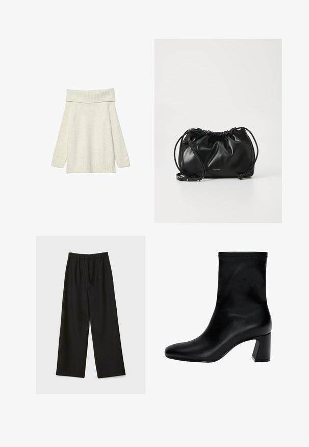 Stradivarius EXPOSED SHOULDER - Strickpullover - white; Schwarze weit geschnittene Hose mit elastischem Bund, flach auf einem hellen Hintergrund präsentiert.; Schwarzer Knöchelstiefel aus glattem Leder. Mit quadrater Zehenpartie, elastischem Schaft und einem stabilen Blockabsatz. Minimalistisches Design.; Schwarze Lederhandtasche mit gerafftem Design, doppeltem Kordelzugverschluss und abnehmbarem Schulterriemen. Mit metallic Logo-Details.