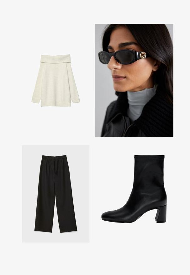 Stradivarius EXPOSED SHOULDER - Trui - white; Zwarte wide-leg broek met elastische tailleband, plat weergegeven op een lichte achtergrond.; Zwarte enkellaars van soepel leer. Heeft een vierkante neus, een elastische bovenkant en een chunky hak voor stabiliteit. Minimalistisch ontwerp.; Zwarte zonnebril met een stijlvolle rechthoekige montuur en een gouden logo-accent aan de zijkant. Donkere lenzen en een glanzende afwerking zijn opvallend.