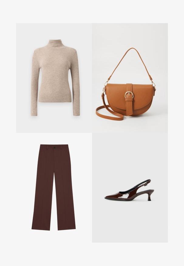 Bežs ribots garām piedurknēm turtlenecks džemperis uz vienota balta fona.; Platas kājas bikses bagātā brūnā audumā. Iekļauj pogu aizdari, divas priekšējās kabatas, gludu tekstūru un tīras līnijas.; Brūnas patentētas ādas sprauga kurpes ar norādītu pirkstu un mērenu papēdi. Aprīkotas ar sprādzi, lai nodrošinātu drošu fit. Gluda tekstūra.; Brūns ādas plecu soma ar izliekta formu, zelta piederumiem un sprādzes akcentu. Iesaiņota ar noņemamu plecu siksnu.