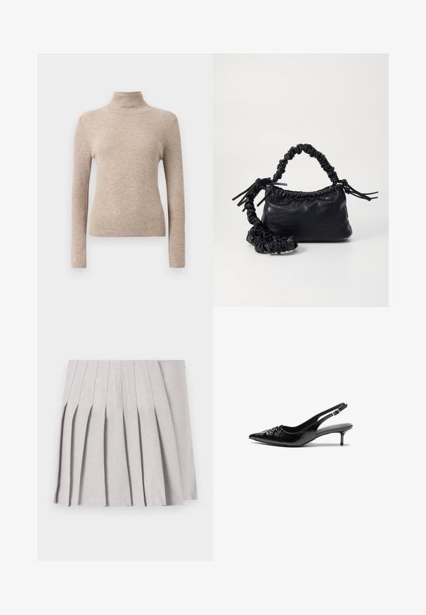 Maglione a collo alto a coste beige con maniche lunghe esposto su uno sfondo bianco uniforme.; Gonna pieghettata grigia con una texture liscia, caratterizzata da molteplici pieghe verticali e una vita aderente. Realizzata in un tessuto leggero.; Tacchi slingback in pelle nera con punta affusolata, piccolo tacco kitten e un dettaglio a nodo decorativo sulla parte anteriore. Texture liscia su tutta la superficie.; Borsa a tracolla in ecopelle nera con texture a coccodrillo, apertura cinchata e tracolla arricciata. Si presenta con un design morbido e compatto.