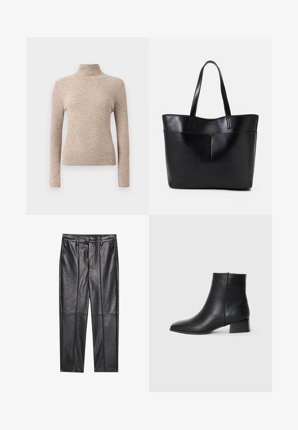 Bež rebrasti džemper s dugim rukavima i visokim ovratnikom prikazan na jednobojnoj bijeloj pozadini.; Crne kožne hlače s glatkom teksturom, ravnog kroja, s dva prednja džepa i vidljivim šavovima.; Crne kožne gležnjače s izoštrenim vrhom i niskom blok petom, s glatkom teksturom i minimalističkim dizajnom.; Crna kožna torba s dugim ručkama, glatkom teksturom i strukturiranim oblikom. Ima prednju džep za dodatno pohranu.