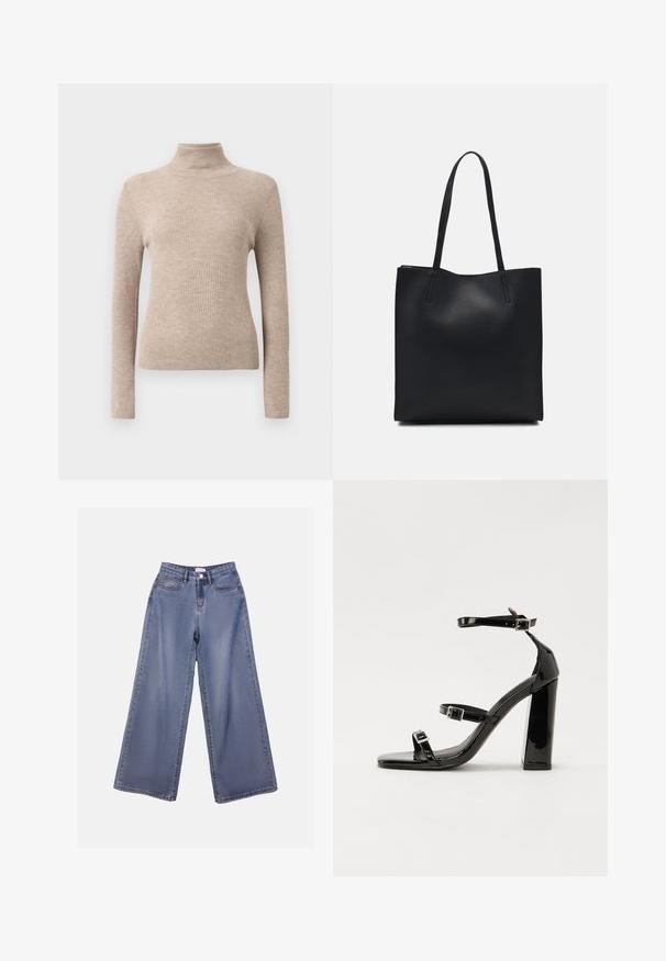 Beige gerippter Langarm-Pullover mit Rollkragen auf einem schlichten weißen Hintergrund dargestellt.; Weite Denim-Jeans in einer hellblauen Wäsche, mit hoher Taille, Fronttaschen und einem Knopfverschluss mit Gürtelschlaufen.; Schwarze patentierte Sandalen mit Absatz, quadratischer Spitze, Knöchelriemen und silbernen Schnallen. Mit einem stabilen Blockabsatz für mehr Stabilität.; Schwarze Laptoptasche aus Leder mit glatter Textur, rechteckiger Form und zwei langen Griffen. Keine sichtbaren Beschläge oder Verzierungen.