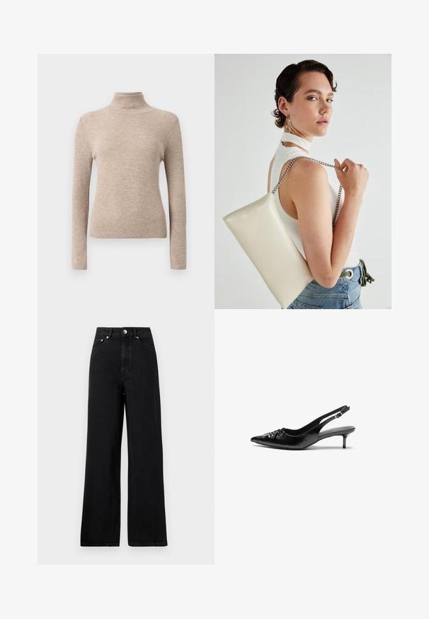Beige ribbed long-sleeve turtleneck sweater displayed on a plain white background.; High-waisted black denim jeans with a wide-leg design, featuring five pockets and silver-tone hardware accents. Smooth texture overall.; Black leather slingback heels with a pointed toe, small kitten heel, and a decorative knot detail on the front. Smooth texture throughout.; White rectangular clutch bag made of glossy material, featuring a silver chain strap. Model poses, showcasing the bag against a plain background.