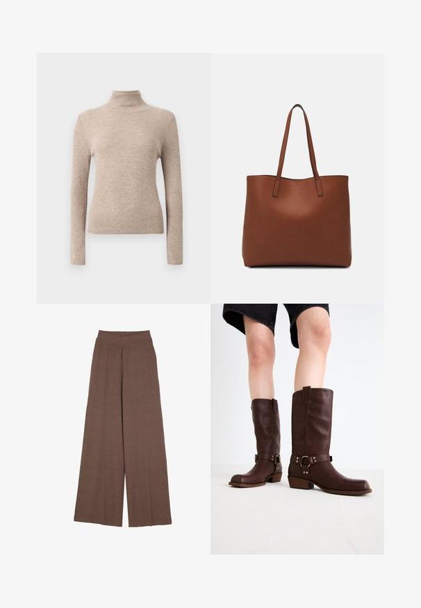 Beige geribbelde lange mouwen coltrui weergegeven op een effen witte achtergrond.; Brede pijpen van een textuurstof met ribbels in een warme bruine kleur. Heeft een naadloze tailleband en een vloeiende silhouet.; Bruine leren kniehoge laarzen met een ronde neus, gestructureerd oppervlak, enkelriem en zilveren hardware-detail; opgestapelde hak.; Bruine leren tote bag met een gladde textuur, een ontwerp met een open bovenkant en twee schouderbanden. Kenmerkt zich door minimale stiksels en geen zichtbare hardware.