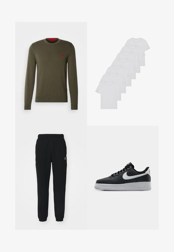 HUGO SAN CASSIUS - Pulover - dark beige; Beli bombažni T-majici, kratki rokavi, krožni izrez, enostavna tekstura, zloženi v vrsto, s subtilnim logotipom na vratu.; Črne trenirke iz mehkega blaga, s elastičnim pasom in manšetami. Na levi strani je majhna zelena nalepka.; Črne usnjene teniske z teksturirano površino, bele Nikejeve zmage, sivo podplato, okroglo konico in vezalno zasnovo. Imajo perforacije na prednjem delu.