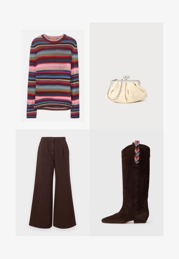 Suéter de manga longa às riscas com textura canelada; as cores incluem vermelho, azul, verde, rosa e castanho, com um decote redondo.; Calças largas de cintura alta, castanhas, com fecho de botão e zíper, passantes para cinto e pregas frontais.; Bota de camurça castanha até ao joelho com bico fino e salto baixo bloco. Apresenta uma aba de pega multicolorida com padrão na parte de trás.; Clutch de couro bege plissado com uma estrutura de metal prateado, apresentando dois fechos decorativos redondos e uma alça de corrente prateada.