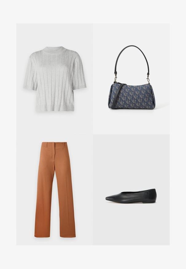 Šedý krátký svetr s krátkým rukávem, vertikálně řasenou strukturou a kulatým výstřihem. Materiál je měkký, má zkrácený střih a žebrovaný lem.; Kalhoty s širokými nohavicemi vyrobené z bohaté hnědé látky, s hladkou texturou, standardním pasem s poutky na pásek a předními záhyby.; Černé kožené baleríny, špičatá špička, minimalistický design, hladký povrch, nízký podpatek, žádné viditelné kovové prvky nebo ozdoby.; Modrá vzorovaná taška vyrobená z látky, s oblým tvarem, černým koženým popruhem a logem v světlejším odstínu.