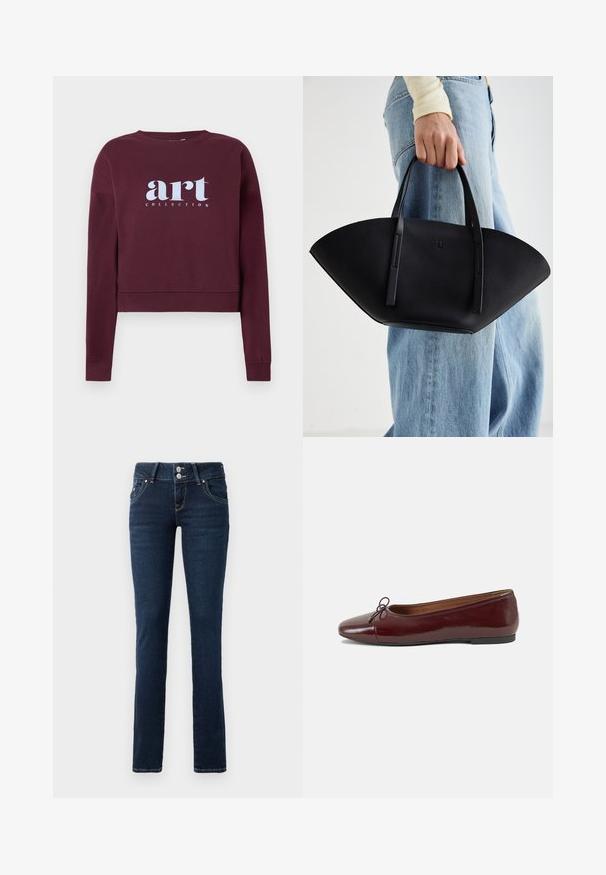 Burgunderfärgad kort sweatshirt i bomullsblandning med långa ärmar. Har en vit "art COLLECTION" grafisk design på framsidan. Ribbad mudd.; Mörkblå skinny jeans med dubbelknäppning, framfickor och gul sömnad på en vit bakgrund.; Burgunderfärgad lackläderballettskor med rund tå, liten rosettdekoration fram och en låg, svart gummisula. Slät textur.; Svart läderhandväska med en unik fläktform, som har platta handtag. Ytan har en pebblad textur och en minimalistisk design.