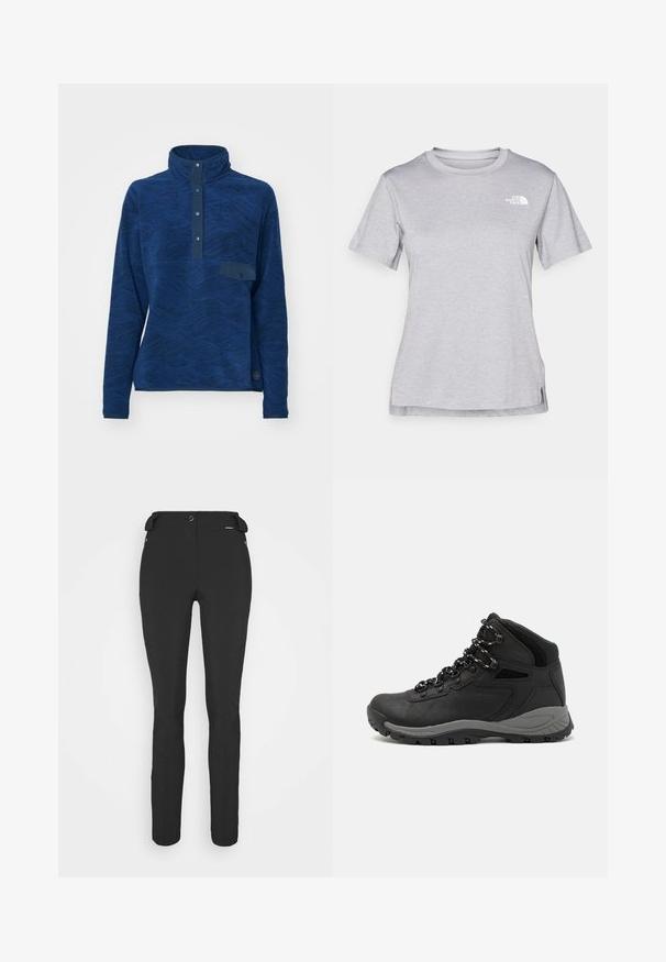 Tmavě modrý fleecový svetr s vysokým límcem, texturovaným vlnitým vzorem, knoflíkovou légou a malou náprsní kapsou. Elastický materiál, dlouhé rukávy.; Šedé tričko s krátkým rukávem vyrobené z měkké, vlhkosti odvádějící tkaniny. Obsahuje kulatý výstřih a malé bílé logo na levém horním rukávu.; Černé, přiléhavé kalhoty vyrobené z pružného materiálu. Mezi funkce patří boční kapsa na zip, anatomické kolena a hladký povrch.; Černé turistické boty s mírně vyšším střihem, které mají texturovaný svršek, šedé detaily a odolnou gumovou podrážku s trakčními výstupky.