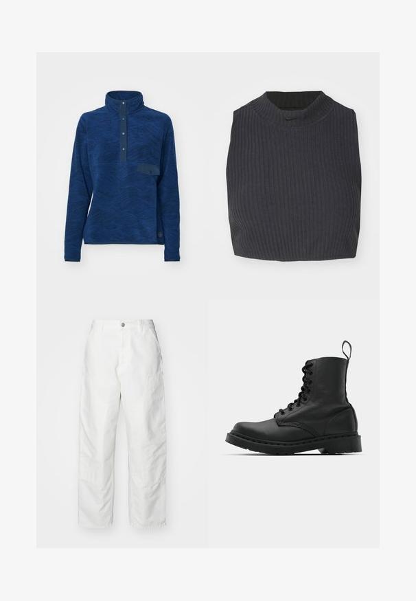 Tumed sinine fliispullover kõrge kaelusega, tekstureeritud laineleetega, nööbipluuga ja väikese rinna taskuga. Elastsest kangast, pikkade varrukatega.; Tumesama ribaga tipp tumesinis sinises, millel on kõrge kaelus ja diskreetne Nike logo. Kangas on tekstuuriga ja veniv.; Valged teksapüksid, millel on lõdvema lõikega, küljetaskud ja silmapaistvad õmblused. Ees on ühtlane, nööbiga sulgemine.; Mustad mustavi combat kingad ümmarguse varbaga, paeltega esiosa ja säärel tõmbeaas. Omab paksu kummist tallat, mis tagab vastupidavuse.