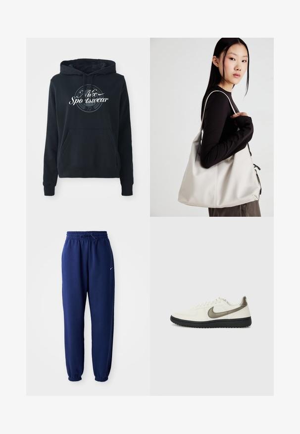 Fleece preto feito de uma mistura de algodão, com um bolso canguru na frente, capuz com cordão e uma gráfica circular com o texto "Nike Sportswear".; Calças de fato de treino azul marinho feitas de um tecido suave, com uma cintura elástica com cordão, punhos elásticos e um pequeno logótipo branco.; Nike Sportswear FIELD GENERAL - Sapatilhas - off-white/black; Uma bolsa bege feita de material macio, com um design descontraído, detalhes de costura e duas alças para o ombro. Adequada para uso diário.