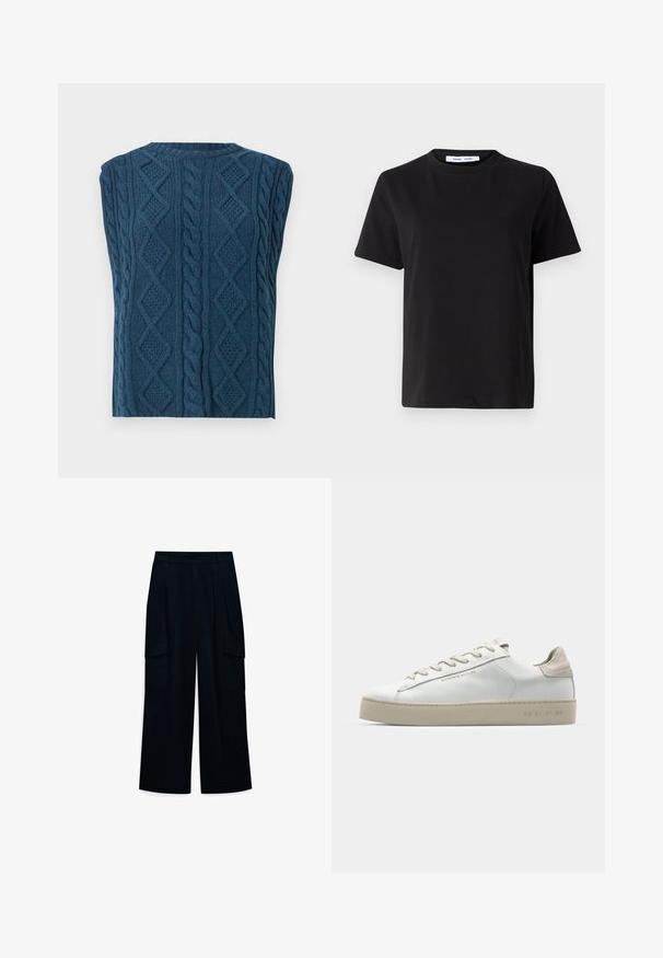 Tamsiai mėlynos spalvos be rankovių megztinis su kabeliniu raštu. Su tekstūriniais deimantų ir sukurtų virvių raštais, apvaliu iškirpimu.; Juodas trumpas rankovės marškinėliai, pagaminti iš minkštos medvilnės, su apvaliu iškirpimu, laisvu pritaikymu ir lygiu paviršiumi. Nėra matomų raštų ar grafikos.; Plati kojinės, aukšti juosmeniu, tamsiai mėlynos spalvos audinio. Su klostėmis ir dviem šoninėmis kargo kišenėmis. Lygi tekstūra su tvarkingu dizainu.; Balti odiniai sportbačiai su lygiu paviršiumi, šviesiai rudos suede akcentais, apvalia nosimi, plokščiu raištelių užsegimu ir tekstūruotu guma pagamintu padu.