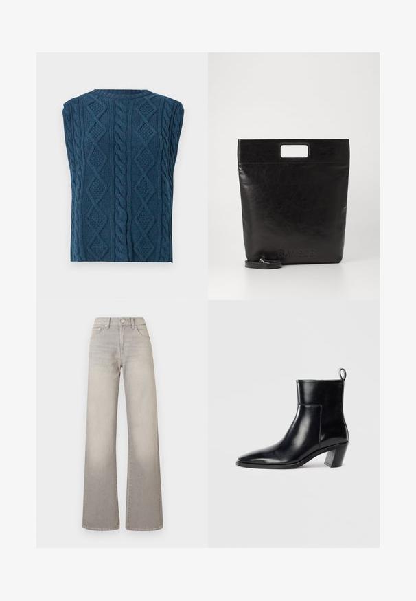 Sweater sem mangas em malha de cordão na cor azul profundo. Apresenta padrões texturizados de diamantes e cabos torcidos, com um decote redondo.; Jeans largos cinzentos com um acabamento desbotado, fecho de botão, design de cinco bolsos e detalhes costurados ao longo das costuras.; Botim de cano baixo em couro preto com bico pontiagudo, um salto geométrico empilhado e uma alça na parte de trás. Textura suave e design elegante.; Saco tote de couro preto com uma pega quadrada, apresentando um acabamento texturizado e logotipo em relevo. Inclui uma alça destacável.