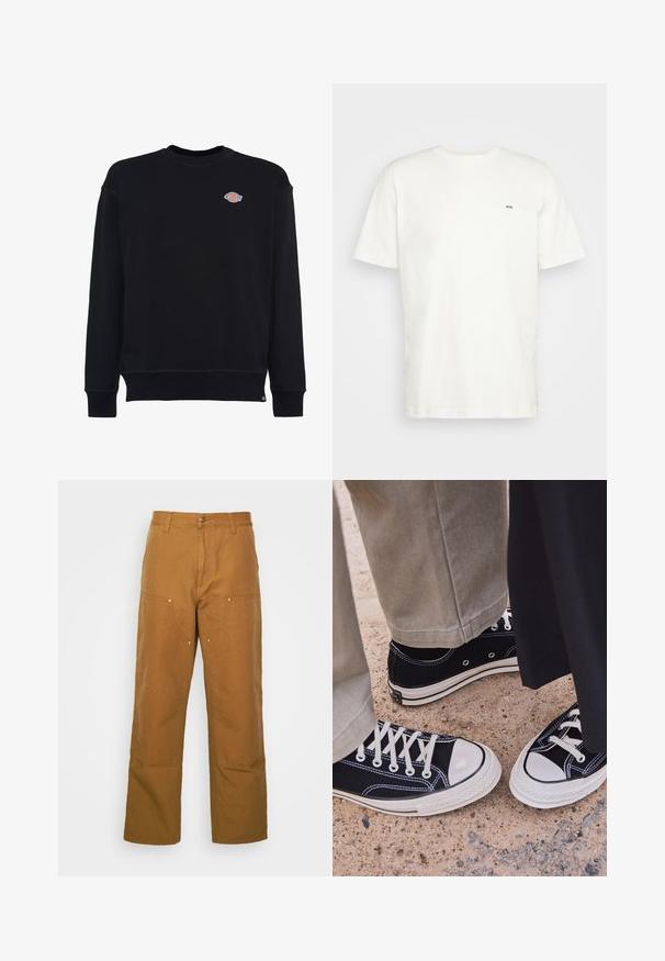 Black sweatshirt made of cotton, featuring a round neck, long sleeves, and a small color-contrast logo on the chest. Soft texture.; White cotton t-shirt with crew neckline, short sleeves, and a small black "W.W." logo on the left chest. Smooth texture, regular fit.; Brown cotton utility pants with a straight leg design, featuring front pockets and metal hardware accents for added durability.; Black canvas sneakers with white rubber toe caps and laces. Contrast stitching and metal eyelets add detail. Worn with beige pants and black fabric.