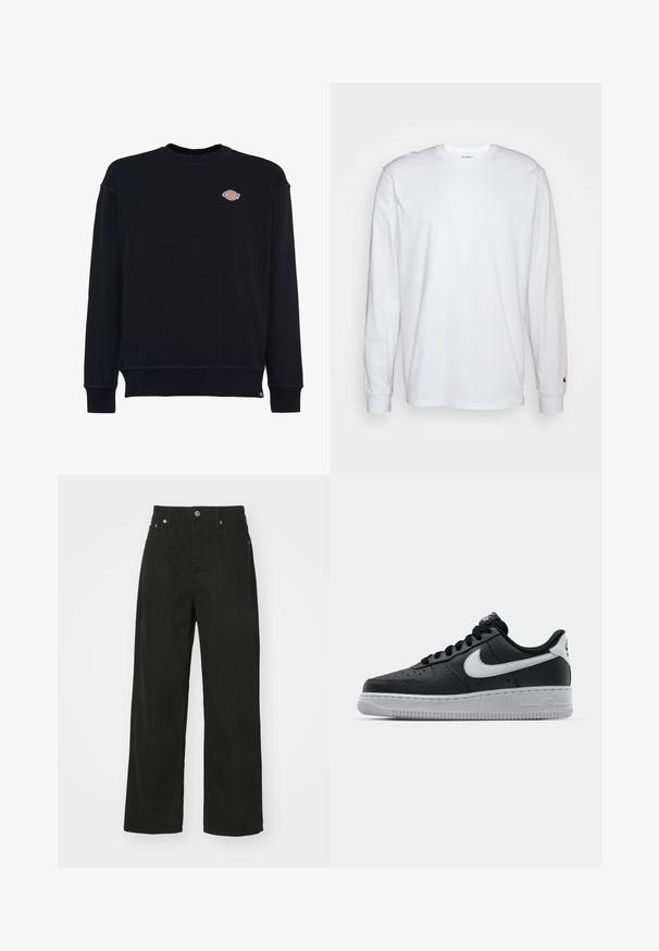 Mustan puuvillapaita, jossa on pyöreä kaula-aukko, pitkät hihat ja pieni värikontrastinen logo rinnassa. Pehmeä rakenne.; Valkoinen pitkähihainen t-paita, joka on valmistettu puuvillasta. Pyöreä kaula-aukko, jossa on resorikujat ja pieni logo vasemmassa hihassa. Tasainen pinta.; Mustat farkut suoran lahjuksen suunnittelulla, joissa on viisi taskua, nappisuljenta ja perinteinen vyötärö. Sujuva tekstuuri.; Musta nahkakengät, joissa on teksturoitu pinta, valkoinen Nike -logo, harmaa pohja, pyöreä kärki ja nauhakiinnitys. Varustettu rei'illä kärkilaatikossa.