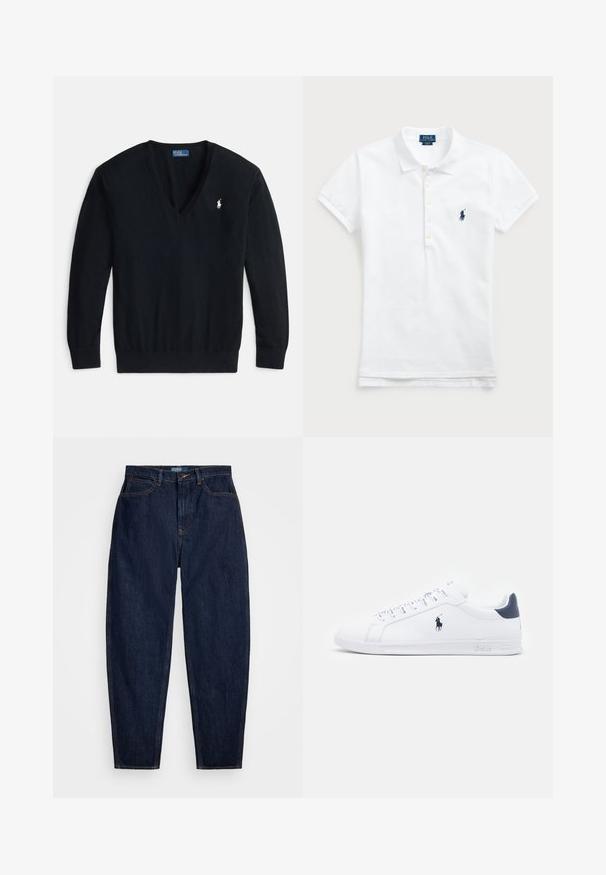 Camisola preta de decote em V feita de tecido macio. Apresenta mangas compridas e um pequeno logótipo branco da polo no lado esquerdo do peito.; Camisa polo de algodão branca com um colarinho clássico, mangas curtas e um logótipo bordado em azul-marinho no lado esquerdo do peito. Placket com cinco botões.; Jeans em denim azul escuro com um corte reto, apresentando costuras laranja, fecho frontal com botão e cinco bolsos.; Tenis brancos de couro com um acabamento suave, detalhes em azul marinho e um pequeno logotipo na lateral. Possui atacadores planos e sola de borracha texturizada.