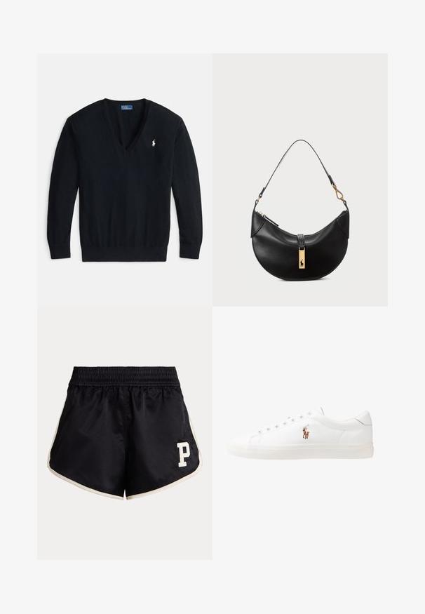Black v-neck sweater made of soft fabric. Features long sleeves and a small white polo logo on the left side of the chest.; Black athletic shorts with a smocked waistband, beige side stripes, and a cream letter "P" logo on the left thigh.; White leather sneakers, low-top design, featuring a smooth texture, round toe, laced front, and a small embroidered logo on the side.; Black leather handbag in a half-moon shape. Features a gold hardware accent and a narrow strap. Smooth texture, zipper closure at the top.