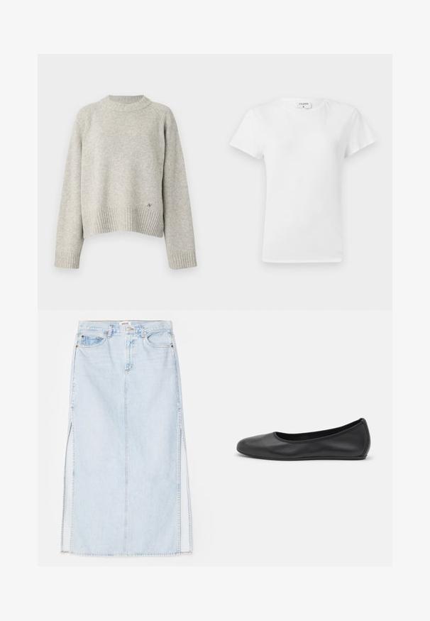 Hellgrau gestrickter Pullover mit Rundhalsausschnitt, geripptem Saum und Bündchen, der eine dezente Textur sowie ein kleines Logo an der Unterseite aufweist.; Weißes Baumwoll-T-Shirt mit Rundhalsausschnitt und kurzen Ärmeln, das einen lockeren Sitz und ein minimalistisches Design aufweist. Etikett am Hals sichtbar.; Hellblaue Jeans-Maxi-Rock mit geradem Schnitt, ausgestattet mit seitlichen Schlitzen und einem Fünf-Taschen-Design. Auffällige Nähte und Metallschnappverschluss.; Schwarze Leder-Ballettschuhe mit abgerundeter Spitze, glatter Textur, minimalen Nähdetails und einem flexiblen Sohlen-Design.