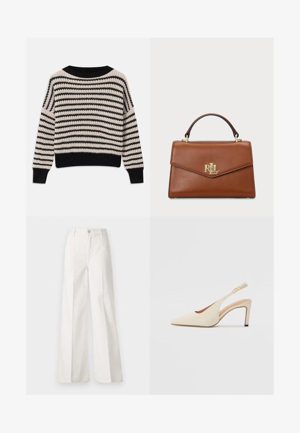 Pull en tricot avec des rayures horizontales noires et crème, encolure large, poignets et ourlet côtelés, coupe ample et tissu texturé.; Pantalons blancs à jambes larges en coton avec une texture douce. Comprend un bouton à l'avant, une fermeture éclair et un design à quatre poches.; Talons compensés en cuir beige avec un bout pointu, un design ouvert sur le côté et un talon haut fin. Comprend un accent doré sur la sangle.; Sac à main en cuir marron avec un design structuré, une poignée supérieure, des finitions en or et un accent logo sur le devant. Texture lisse.