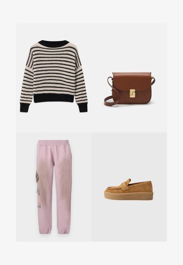 Neulottu villapaita, jossa on vaakasuorat mustat ja kermanväriset raidat, leveä pääntie, ribattu hihansuu ja helma, löysä malli ja teksturoitu kangas.; Vaaleanpunaiset hikoiluhousut, joissa on joustava vyötärö, ja vasemmalla puolella koristeellisia timantinmuotoisia alueita, sekä joustavat hihnat nilkoissa.; Kastanjanruske mokasiner med rund tå, som har en ribbet plattformssåle og en dekorativ stropp over vristen.; Ruskea nahkainen käsilaukku, jossa on läppäkiinnitys, kultasävyiset yksityiskohdat, olkahihna ja sileä pinta. Kompaktin suorakaiteen muotoinen.