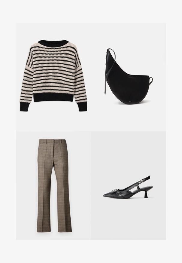 Pull en tricot avec des rayures horizontales noires et crème, encolure large, poignets et ourlet côtelés, coupe ample et tissu texturé.; Pantalons à carreaux marron avec une coupe droite, présentant un tissu texturé et des couleurs subtiles de beige et de bruns plus foncés dans tout le motif.; Chaussure slingback en cuir noir avec un bout pointu, des sangles décoratives avec œillets en métal et un petit talon carré. Surface texturée.; Sac à main en cuir noir avec une forme courbée en croissant, doté d'une sangle fine et d'une subtile marque dorée à l'avant. Texture lisse avec un matériel minimal.