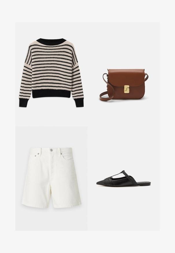 Sweater tricotado com riscas horizontais pretas e creme, decote largo, punhos e barra ribados, com um corte solto e tecido texturizado.; Calções de ganga brancos, com corte reto, design de cinco bolsos, fecho frontal por botão, metal prateado e detalhes com costura.; Sapatilha slingback em couro preto com bico pontudo, apresentando um detalhe trançado e um design superior plissado. Sola plana com hardware mínimo.; Bolsa de couro castanho com fecho de aba, decoração em tom dourado, alça de ombro e textura suave. Formato retangular compacto.