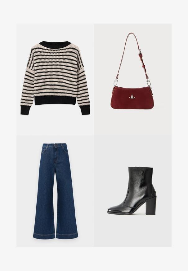 Knitted sweater featuring horizontal black and cream stripes, wide neckline, ribbed cuffs, and hem, with a loose fit and textured fabric.; Wide-leg blue denim jeans with a high waist, featuring a button closure, belt loops, and subtle stitching details along the pockets and hems.; Black leather ankle boot with a smooth texture, pointed toe, and a chunky high heel. Features a side opening and minimalistic design.; Red suede shoulder bag with a curved shape. Features a silver-tone accent and adjustable strap with hardware detailing. Smooth texture.
