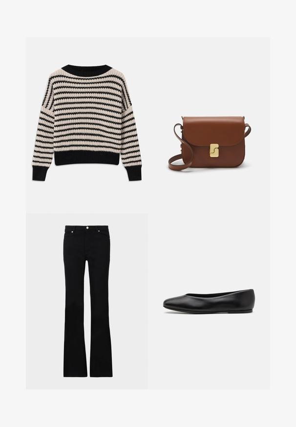 Pleteni pulover s horizontalnim crnim i krem prugama, širokim izrezom, rebrastim manžetama i rubom, labavog kroja i teksturirane tkanine.; Crne široke traperice izrađene od denima, s dva prednja džepa, kopčanjem na dugme i glatkom teksturom. Potpisna šavova vidljiva na šavovima.; Paul Smith TOPANGA - Balerinke - black; Smeđa kožna torba s preklopom, zlatnim detaljima, remenom za nošenje preko ramena i glatkom teksturom. Kompaktni pravokutni oblik.