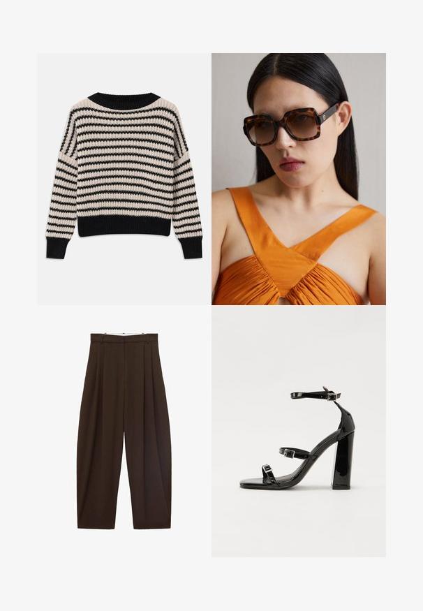 Stickad tröja med horisontella svarta och krämfärgade ränder, vid halsringning, ribbade muddar och fåll, med en lös passform och texturerad tyg.; Bruna högmidjade byxor med veck, tillverkade av slätt tyg. Lätt lös passform, rak bendesign, med bältesöglor och dragkedja.; Svarta lackerade högklackade sandaler med två spännband, fyrkantig tå och en tjock klack, med en slät och glansig yta.; Bruna sköldpaddsmönstrade solglasögon i storlek oversized med en bred rektangulär båge och gradientlinser. Guldlogo på sidan.; Brun läder crossbody-väska med en böjd form, gyllene detaljer och en spänneaccent. Har en avtagbar axelrem.
