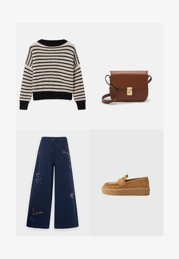 Gestreifter Strickpullover mit horizontalen schwarzen und cremigen Streifen, weitem Ausschnitt, gerippten Bündchen und Saum, lockerer Passform und strukturiertem Stoff.; Navyblaue weite Baumwollhosen mit mehreren Taschen. Enthält farbenfrohe gestickte Texte und Grafiken, darunter Herzen und verspielte Phrasen.; Brauner Wildleder-Loafer mit runder Zehenform, ausgestattet mit einer gerippten Plattformsohle und einem dekorativen Riemen über dem Obermaterial.; Braune Ledertasche mit Klappenverschluss, Beschlägen in Goldfarbe, einem Schultergurt und einer glatten Oberfläche. Kompakte rechteckige Form.