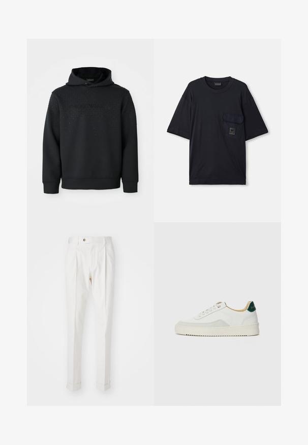 Črna kapuca z teksturirano površino in srebrnimi okrasnimi žebljički. Spredaj prikazuje logo "Emporio Armani" v kontrastnem slogu. Mehka tkanina.; Črna kratkosleeve majica s krožnim izrezom in žepom na levem prsnem delu, ki vsebuje majhen pravokotni logotip.; Bela, krojena hlače z ravnim sprednjim delom, dvema naborkoma in zavitki. Narejene iz gladkega materiala z gumbom za zapiranje v pasu.; Bela trenerka z zaključki iz semiša, okroglo konico, ravne vezalke in kremna gumijasta podplata. Ima zeleno blagovno znamko na peti.