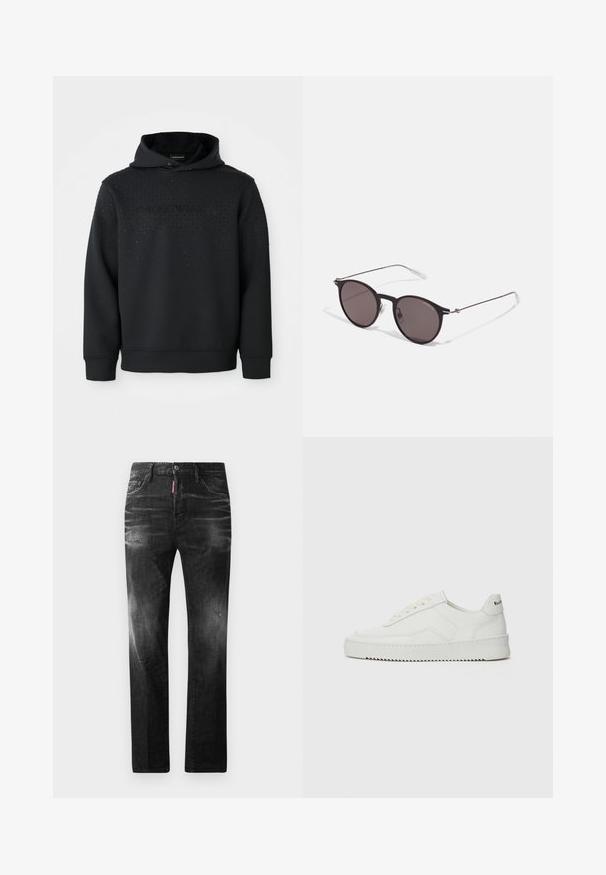 Melnā kapucē ar teksturētu virsmu, kurā ir sudraba kniedes. Priekšpusē ir attēlots logo "Emporio Armani" kontrastējošā stilā. Mīksts audums.; Melni džinsi no denima ar taisnu piegriezumu. Iespējas ietver izbalējušas vietas, nelielas nodiluma pazīmes, klasisko piecu kabatu dizainu un pogu aizdari.; Baltas ādas sneakers ar gludu virsmu, apaļu pirkstu daļu, plakaniem šņorēm un teksturētu zoli. Satur diskrētu logotipu uz papēža.; Melni apaļi saulesbrilles ar tumšiem lēca un plānām metāla stangām. Iekļautas caurspīdīgas tempļu galviņas un sudraba akcenti pie eņģes. Minimalistisks dizains.