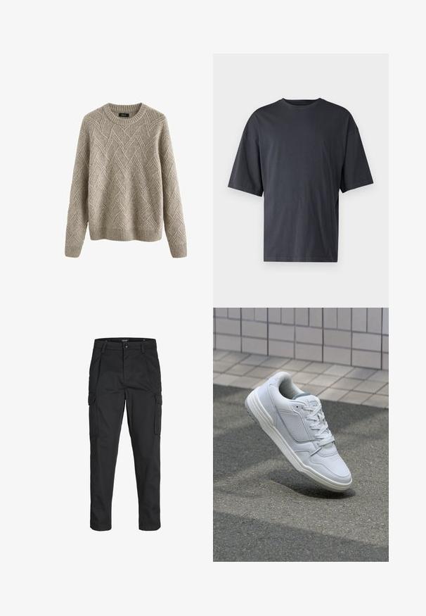 Vaaleanbeige neulepaita, jossa on teksturoitu timanttikuvio, pyöreä kaula-aukko sekä resorit hihansuissa ja helmassa.; T-paita, jossa on lyhyet hihat, tummanharmaa ja valmistettu kevyestä puuvillasta. Mallissa on avara istuvuus ja klassinen pyöreä kaula-aukko, ja se on yksinkertainen ilman kuvioita.; Mustat cargo-housut, jotka on valmistettu kestävästä kankaasta. Housuissa on useita taskuja, nappisulku ja kapea istuvuus, jossa on kapenevat lahkeet.; Valkoinen nahkakengät, joissa on rei'itetyt sivut, teksturoituja yksityiskohtia, tasaiset nauhat ja erottuva harmaa kanta. Varrella on hieman kohotettu pohja.