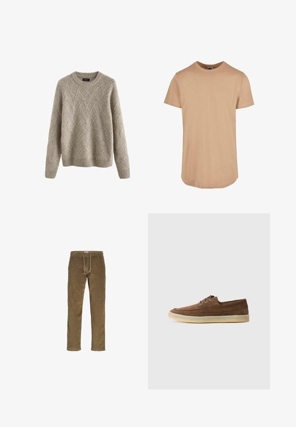 Pull en maille beige clair avec un motif en losange texturé, col rond et poignets et ourlet côtelés.; T-shirt beige à manches courtes avec un col rond, un ourlet droit et en matière de coton douce. Design simple et sans embellissement, sans motifs.; Jack & Jones JPSTKANE SN - Pantalon classique - elmwood; Chaussures en suede marron à profil bas, avec un laçage, semelle en caoutchouc et des détails de couture contrastants. Style simple et fonctionnel.