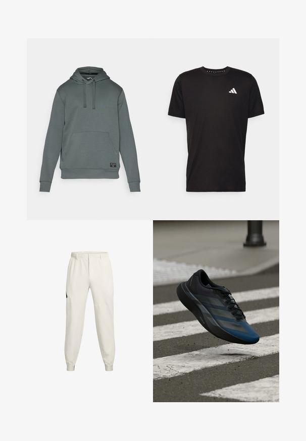 Grå huvtröja med känguruficka, dragsko, ribbade ärmslut och nederkant. Tillverkad av mjukt material med en slät yta.; Svart bomullströja med korta ärmar, rundad halsringning och en vit logotyp på vänster bröst. Slät textur och enkelt design.; Licht beige joggerbyxor med elastisk midja, sidofickor och ribbade muddar; har en svart logotypaccent på vänster höft.; Svart och blå atletisk sko med en strömlinjeformad design, med ett texturerat överstycke, kontrasterande ränder och en dämpad sula, svävande över asfalt.