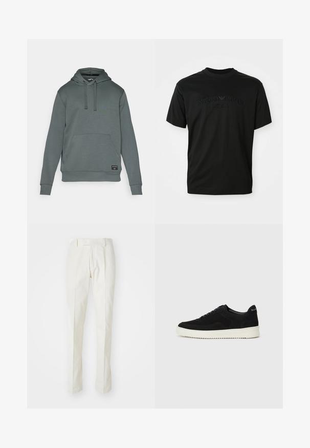 Felpa grigia con cappuccio, tasca a marsupio, cordini, polsini e orlo a coste. Realizzata in tessuto morbido con una finitura liscia.; T-shirt nera a maniche corte con scollo rotondo, caratterizzata da un logo ricamato tono su tono "Emporio Armani Milano" sulla parte anteriore. Texture liscia.; Pantaloni bianchi in cotone, con un design a gamba dritta, fronte piatto e senza motivi o hardware visibili. Texture liscia.; Sneaker in suede nero con design con lacci e suola in gomma bianca a contrasto. Presenta pannelli laterali testurizzati e un marchio discreto sul tallone.