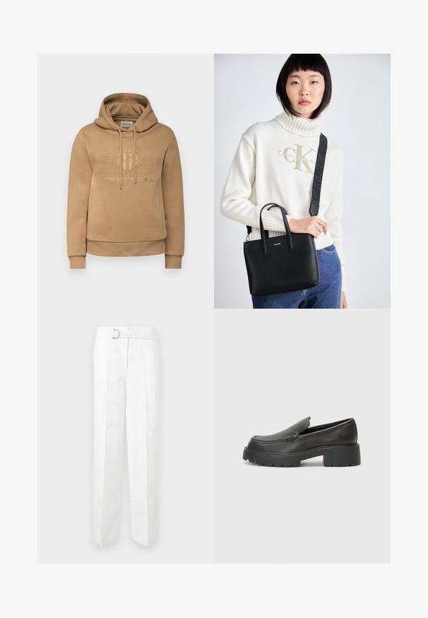GANT TONAL SHIELD HOODIE - Majica s kapuljačom - camel; Bijele krojene hlače s širokim nogavicama, petljama za remen i remenom s srebrnom kopčom. Izrađene od laganog materijala s glatkom teksturom.; Crne kožne loaferice s zaobljenim vrhom, debelim teksturiranim potplatom i minimalnim detaljima šivanja. Elegantna izrada bez vidljivih vezica ili metalnih elemenata.; Crna kožna torba s dupla gornja ručka i uklonjivom naramenicom. Ima srebrni logo na prednjoj strani i glatku teksturu.