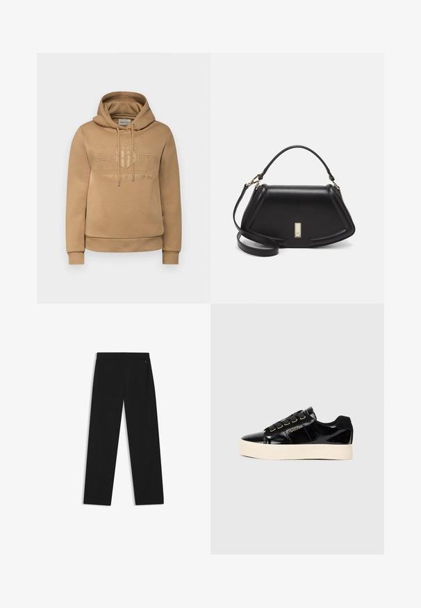 GANT SHIELD beżowy; Czarne szerokie spodnie z gładkiego materiału, z bocznymi kieszeniami i płaskim paskiem w talii, zapewniające schludny wygląd.; Czarne lakierowane sneakersy z płaską kremową podeszwą. Posiadają czarne sznurówki, złote oczka i detal logo na boku. Okrągły kształt noska.; Czarna skórzana torebka o strukturalnym designie, z przyciętą formą, górnym uchwytem i złotymi akcentami. W zestawie regulowany pasek na ramię.