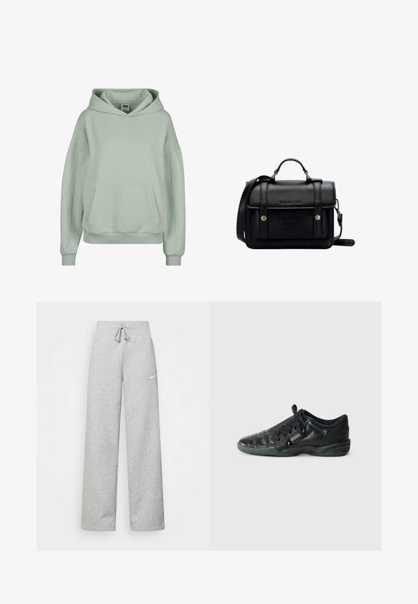 Vaaleanvihreä huppari, jossa on kengurulaukku, ribbireunat hihansuissa ja helmassa sekä suuri säädettävä huppu. Valmistettu pehmeästä ja mukavasta kankaasta.; Harmaat verkkarit, joissa on elastinen vyötärö, nauhaverhoilu ja pieni valkoinen Nike-logo vasemmassa reidessä. Pehmeä kangas, löysä istuvuus.; Musta nahkakenkä urheilukäyttöön, jossa on päällystetty muotoilu, pyöreä kärki, nauhakiinnitys edessä ja kumipohja. Sivussa on hienovarainen brändäys.; Musta nahkainen olkalaukku, jossa on rakenteellinen muotoilu, ylhäältä kantohihna, säädettävä olkahihna, etulevy ja metallikoristeet. Edessä brändäys.