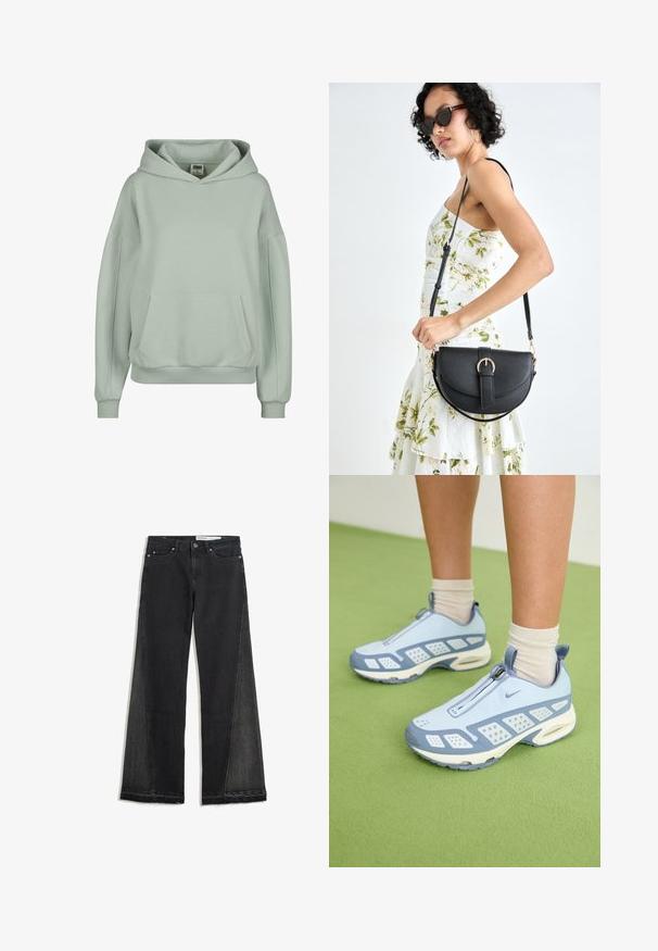 Light green hoodie with a kangaroo pocket, ribbed cuffs and hem, and a large adjustable hood. Made from soft, comfortable fabric.; Wide-leg jeans in black denim with a frayed hem. Features contrasting side panels and standard five-pocket design. Button and zipper closure.; Light blue athletic shoes with white accents, textured panels, and a zip closure. Features a visible air cushioning sole and rubber outsole.; Black leather handbag with a curved shape, detachable strap, and gold hardware. The bag features a flap with a buckle detail.